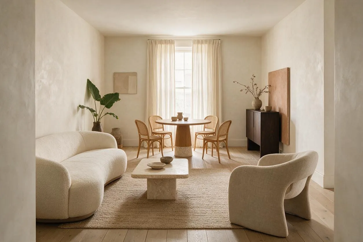 A serene dining room with a round wood table and four woven rattan chairs centered before a bright window with sheer curtains. The space features creamy textured seating, a stone coffee table, pale wood floors, a dark wood sideboard, and natural decor in a warm neutral palette.