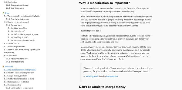 The image displays a section of a document discussing monetization in startups, featuring a table of contents and a highlighted quote.
