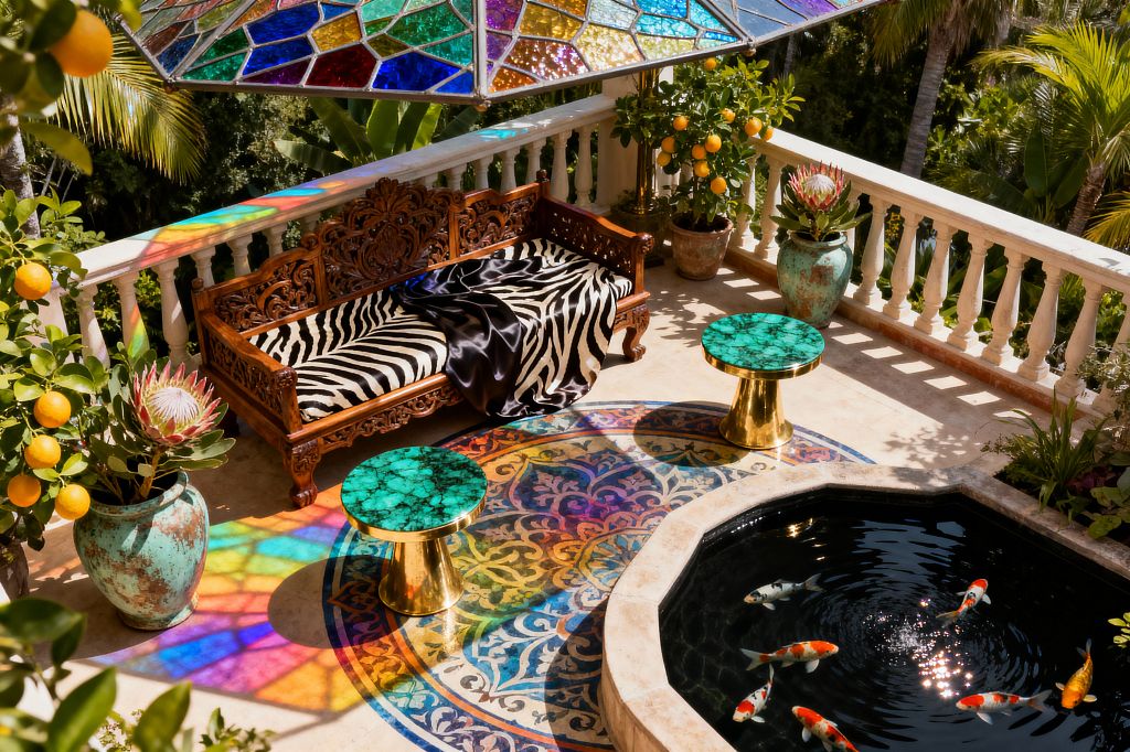 A sunlit terrace features a carved wooden settee with zebra-print cushion and a black satin throw beneath a large stained-glass canopy that casts multicolored shadows across pale stone flooring. Two round malachite-topped brass pedestal tables, a Moorish-patterned circular rug, and an octagonal koi pond anchor the scene, while patina-glazed urns with lemon trees and protea blooms sit against a white balustrade overlooking dense tropical greenery.