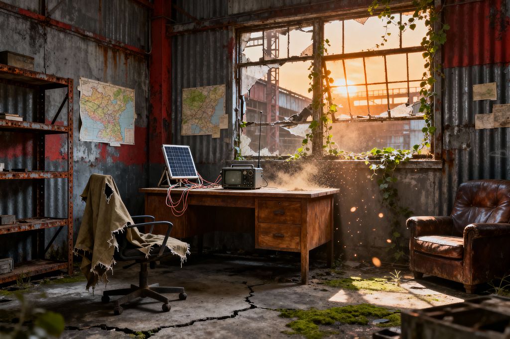 A derelict corrugated-steel room becomes a post-apocalyptic home office: a scarred wooden desk holds a small solar panel wired to a vintage radio, while golden sunset pours through shattered windows, igniting floating dust. Ivy crawls along the frame; maps and notes pin to rust-streaked walls. An office chair draped with torn canvas sits beside a cracked concrete floor blooming with moss, with a worn brown leather armchair and rusty shelving completing the improvised, off-grid workspace.