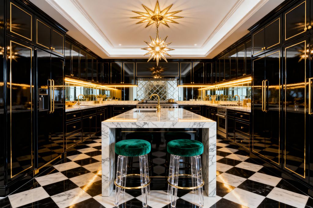 Luxurious kitchen with glossy black cabinets edged in gold and brass hardware, centered on a white marble waterfall island with a brass faucet. A black-and-white checkerboard marble floor, diamond-pattern mirrored backsplash, and warm under-cabinet lighting reflect two gold starburst chandeliers in a recessed ceiling, while emerald velvet stools with clear acrylic legs sit at the island and paneled appliances and twin ranges line the symmetrical layout.