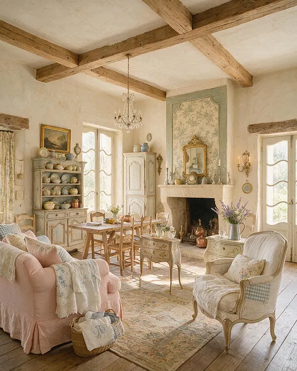 A cozy studio apartment styled in French Country décor, with exposed wooden ceiling beams, plaster walls, and a carved stone fireplace as the focal point. The room includes a pink slipcovered sofa, an ornate cream armchair, a rustic wood dining set, distressed painted cabinets, floral wallpaper accents, and soft pastel accessories.