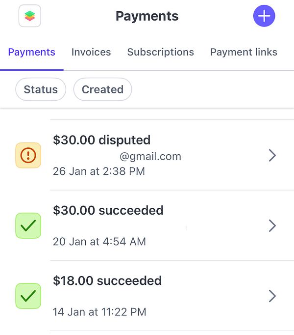 The image displays a payment management interface showing a disputed payment and two successful transactions.