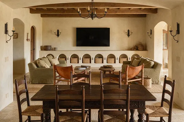 A Mediterranean-style media room with a wall-mounted TV centered above a built-in arched niche console, flanked by wrought-iron sconces. The room features exposed wood ceiling beams, plaster walls, olive-toned sofas, leather sling chairs, woven textures, and a dark carved wood dining table in the foreground.