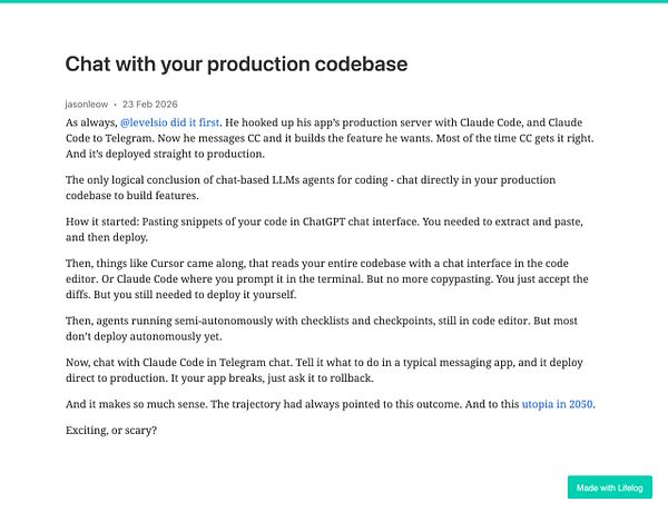 A mobile app interface displaying a chat conversation with a codebase from the website golifelog.com.