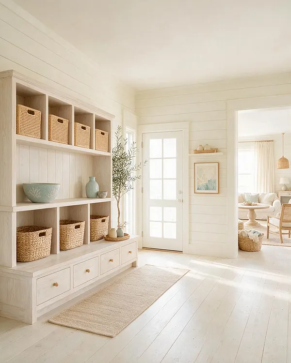 A bright coastal entryway with a built-in pale wood storage unit filled with woven baskets and decorative ceramics. White shiplap walls, a glass-paneled door, and a natural fiber rug create a calm, airy look that opens into a softly furnished living room.