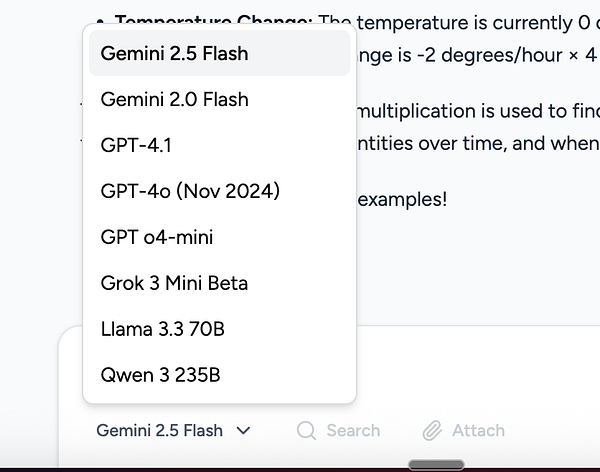 The image displays a dropdown menu featuring various AI model options.