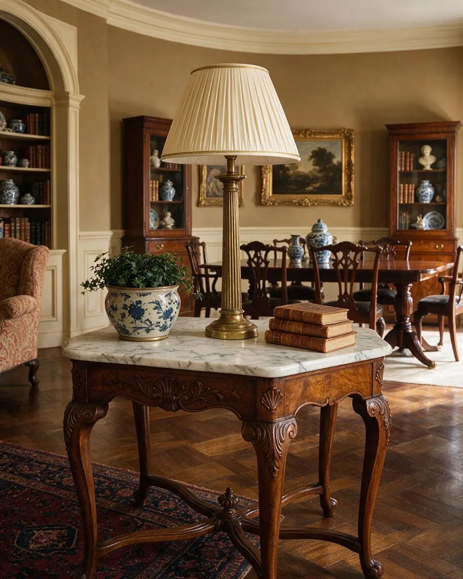 A traditional living and dining room featuring a carved walnut table with a white marble top, topped with a brass lamp, ceramic planter, and stacked books. In the background are wood dining chairs, glass-front display cabinets, framed landscape art, and warm beige walls with classic trim.