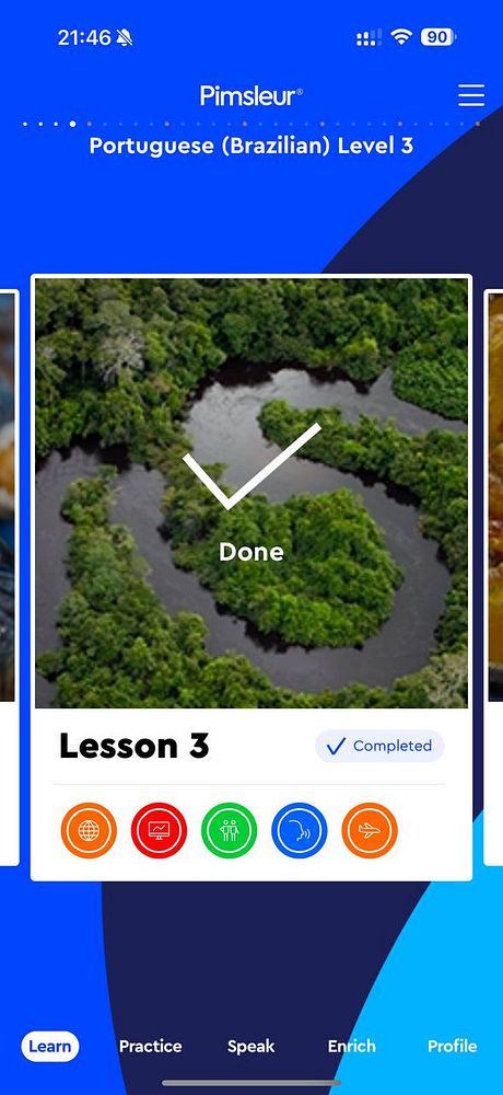 The image displays a completed lesson screen from the Pimsleur app for Brazilian Portuguese.