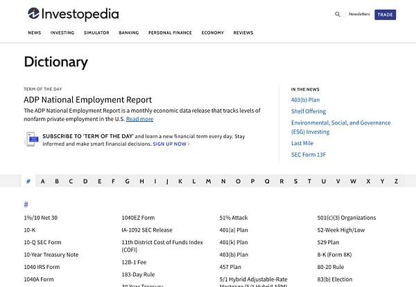 A digital screenshot of a finance-related dictionary webpage showing alphabetically listed financial terms and their definitions.