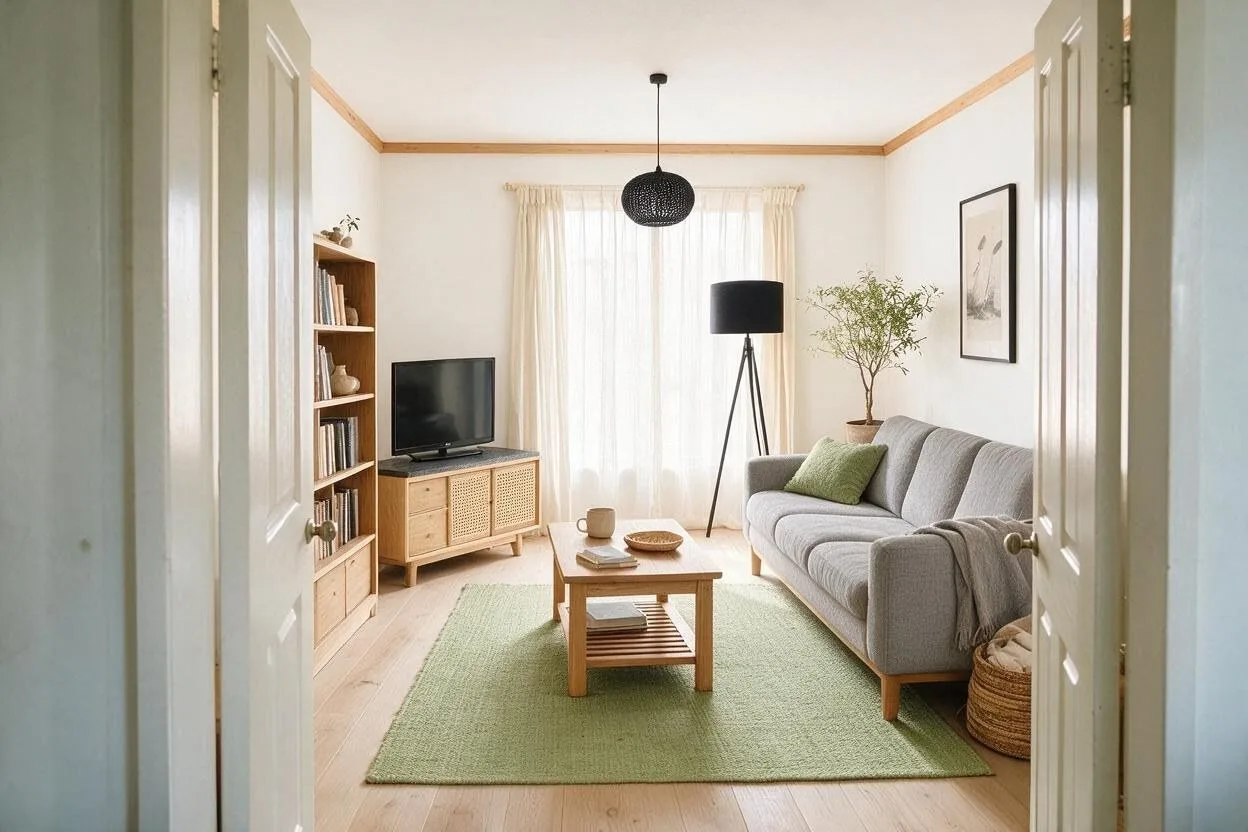 The same Japandi living room in the Matcha palette: off-white, warm gray, light oak, matcha, and black