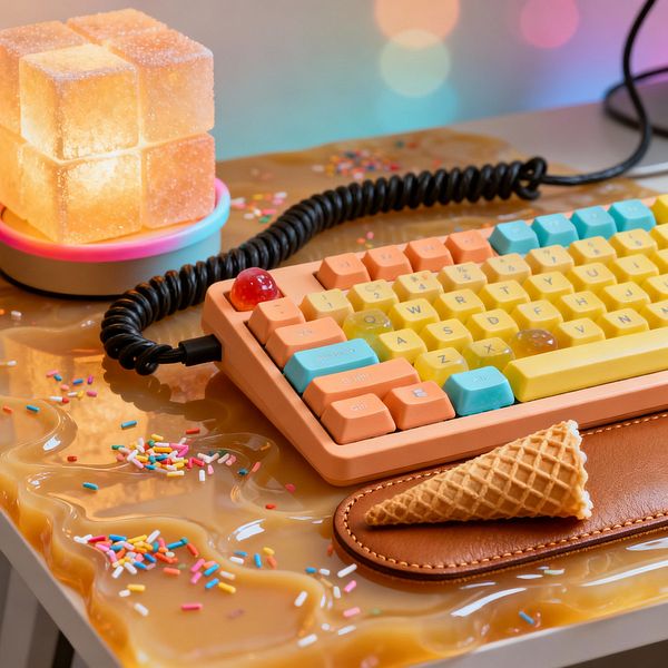 Close-up of a home office desk styled in a Candy Land theme. A mechanical keyboard with pastel peach, yellow, and mint keycaps sits on a glossy caramel-look surface scattered with rainbow sprinkles. A glowing frosted cube lamp on a white and pink base illuminates the scene, while a cognac leather wrist rest holds an empty waffle cone and a black coiled cable connects the keyboard against soft multicolored bokeh lights.