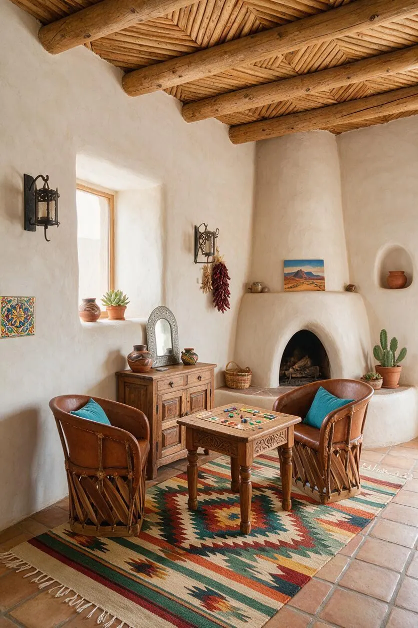 A Southwestern-style game room with white plaster walls, a rustic wood-beam ceiling, and a large adobe fireplace. Two leather lounge chairs flank a carved wooden game table on a colorful geometric rug, with terracotta accents and wall lanterns completing the warm, handcrafted space.