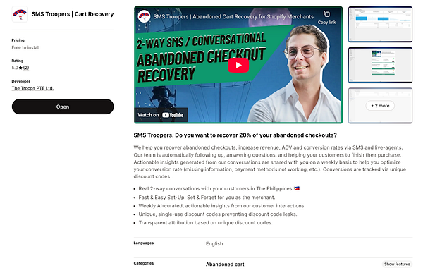 The image displays a Shopify app listing for SMS Troopers, focusing on abandoned cart recovery.