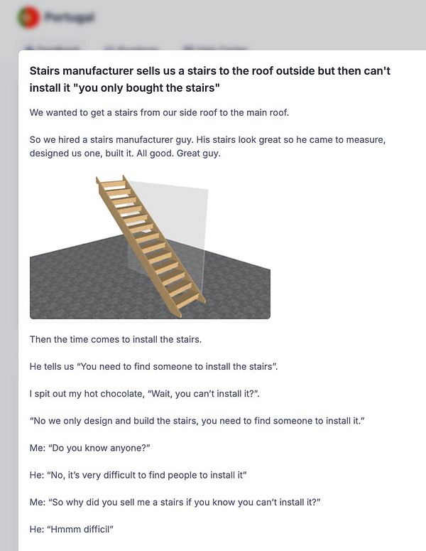 A humorous exchange about purchasing stairs that cannot be installed by the manufacturer.