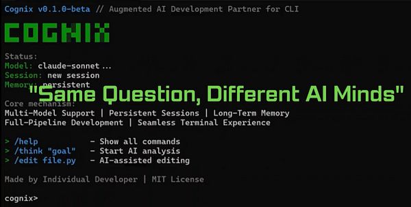 The image displays a command-line interface for a software tool called Cognix, showcasing its features and commands.