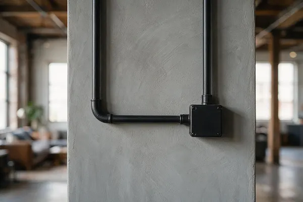 A smooth gray concrete wall fills the foreground, with matte black metal conduit running vertically and horizontally across it and turning at a rounded elbow. The background is softly blurred, showing an industrial loft interior with exposed beams, large windows, and warm wood tones.