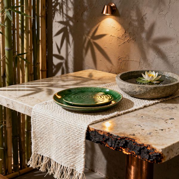 Close-up of a biophilic dining setting with a light travertine tabletop draped in a fringed woven runner, holding two glossy deep-green ceramic plates and a low stone bowl of water with a white lotus. Rough plaster walls and bamboo stalks frame the scene as a small copper sconce casts warm light and leaf shadows, while a charred live-edge wood accent and a copper leg add natural texture and earthy contrast.
