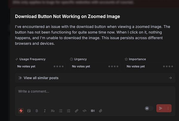 The image displays a task interface reporting an issue with a non-functional download button in an image viewer.