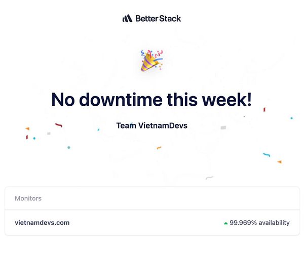 A celebratory announcement of no downtime for the week from the VietnamDev team.