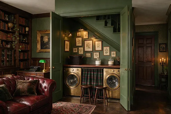 A moody laundry room hidden behind open olive-green double doors, featuring two brass-front washer units beneath a stair. The space includes framed botanical art, a dark wood counter, plaid curtain panel, woven basket, and two wooden stools, all set against deep green walls and warm ambient lighting.