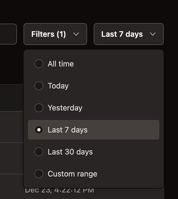 The image displays a filter selection menu for a dashboard interface.