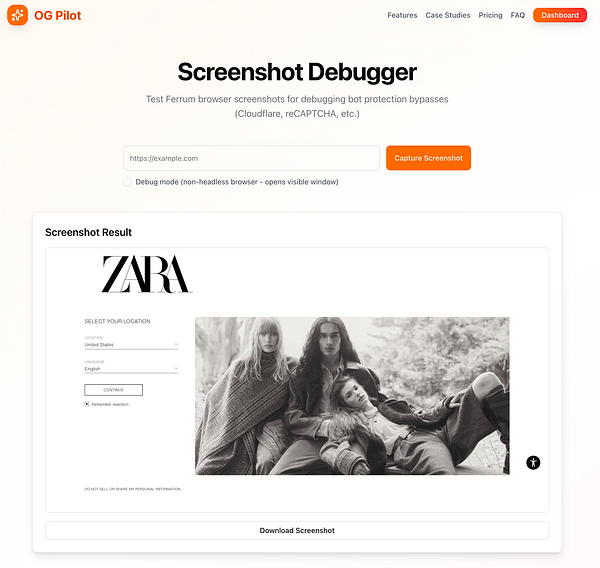The image displays a web interface for a screenshot debugging tool called OG Pilot.