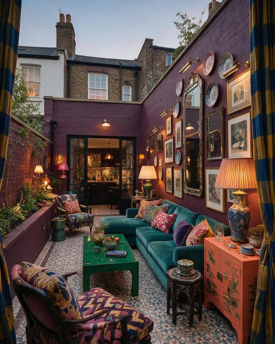 A narrow backyard courtyard styled as an outdoor living room, with deep purple painted walls, patterned tile flooring, a teal sectional sofa, and colorful upholstered accent chairs. The walls are covered with framed artwork, decorative plates, brass picture lights, and vintage-style lamps, creating a richly layered maximalist look.