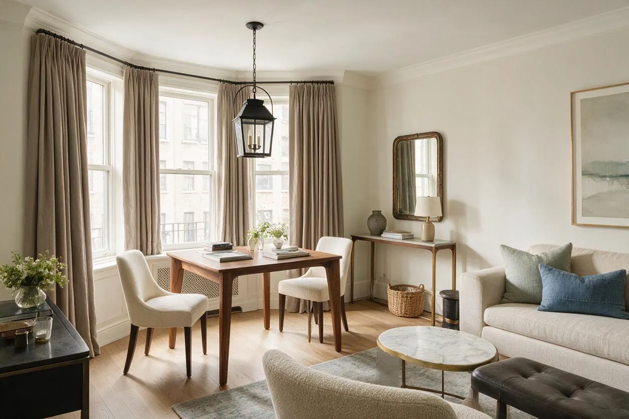 A bright studio apartment living and dining area with tall bay windows, floor-length taupe curtains, and a black lantern pendant light. The space features a wooden dining table with upholstered cream chairs, a beige sofa with blue and gray pillows, a marble-topped round coffee table, and layered neutral decor in a calm, elegant arrangement.