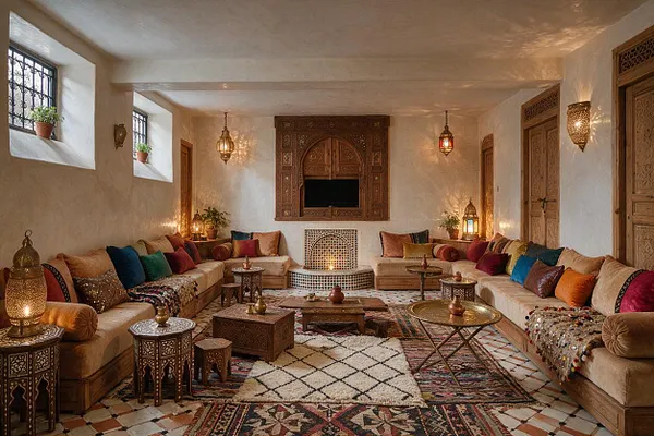 A Moroccan-style basement lounge with cream stucco walls, carved wooden doors and window surrounds, and low beige sectional seating arranged around brass tables and patterned rugs. Colorful cushions, hanging lanterns, and a carved central niche create a warm, intimate atmosphere.