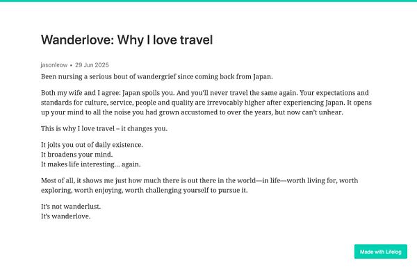 A blog post titled 'Wanderlove: Why I love travel' discusses the transformative power of travel, particularly after visiting Japan.