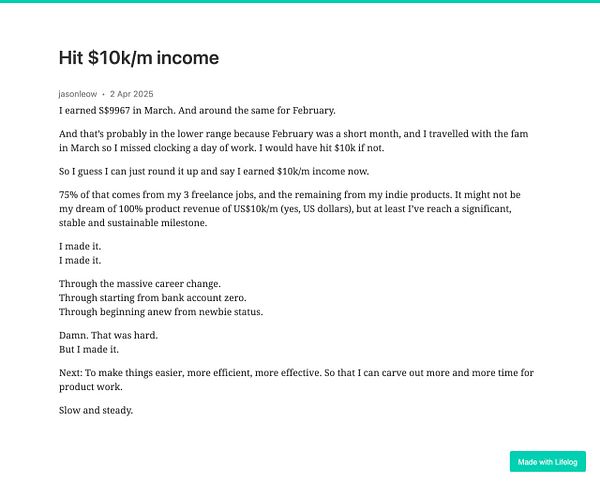A personal reflection on achieving a monthly income milestone of $10k.