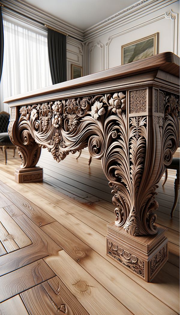 A beautifully crafted wooden dining table with an intricate apron featuring floral carvings beneath the tabletop, perfectly complementing the room's classic decor style.