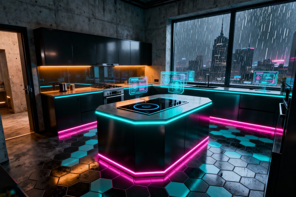 Industrial cyberpunk kitchen with matte-black cabinets, raw concrete walls, and a polygonal island topped with a gray surface and induction cooktop. Cyan and magenta LED strips trace cabinet bases and edges, amber lighting warms a glass backsplash, stainless appliances line the perimeter, and glossy black-and-teal hex tile floors reflect the glow, while a large window reveals a rainy city skyline and translucent holographic interfaces hover above the counters.
