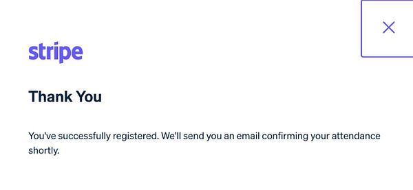 A confirmation message from Stripe indicating successful registration for an event.