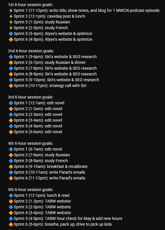 A detailed schedule outlining multiple work sessions with specific tasks and goals.
