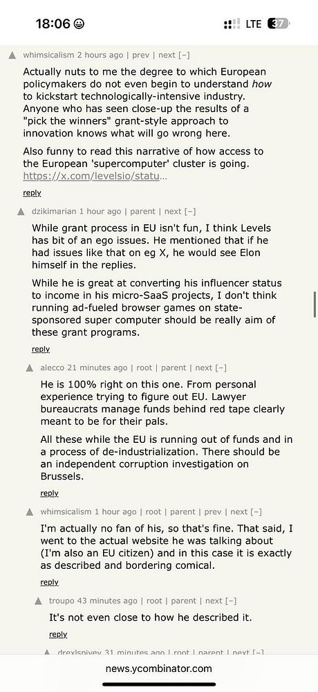 A discussion thread on Hacker News regarding European GPU policies and industry challenges.