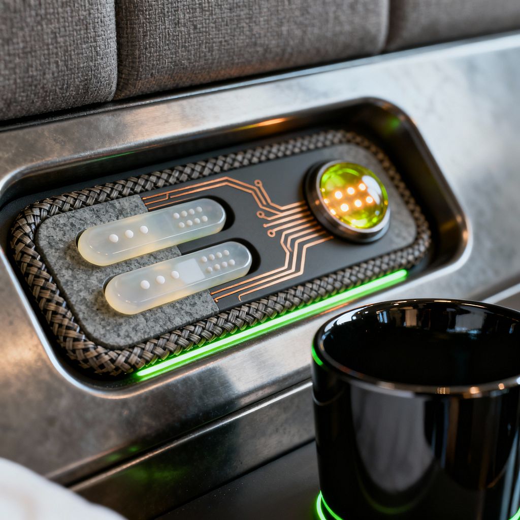 Close-up of a cyberpunk bedroom headboard console set into brushed steel beside gray upholstery. The recessed panel carries copper circuit graphics, two translucent white slider switches with raised dots, and a round green-lens indicator dotted with LEDs, all bordered by braided cable trim and felt. A neon-green light strip illuminates the edge and a small shelf where a glossy black mug rests.