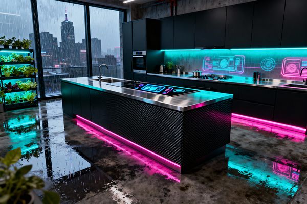 Futuristic kitchen with matte-black cabinets and stainless counters centers on a carbon-fiber clad island featuring a sink and integrated touchscreen cooktop, all edged by neon cyan and magenta LED lighting. A glass backsplash displays HUD-style graphics, polished concrete floors mirror the glow, floor-to-ceiling windows show a rainy city skyline, and a lit hydroponic herb rack brings greenery to the high-tech space.