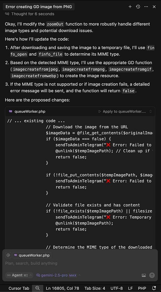 The image displays a code snippet addressing a bug related to handling different image MIME types in a PHP script.