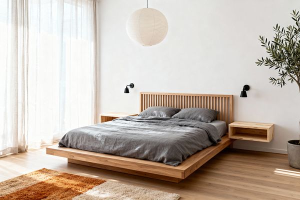 A bright Scandinavian bedroom with a low floating oak platform bed and vertical slat headboard dressed in charcoal gray linen. Wall-mounted oak nightstands sit beneath matte black sconces, a large white paper lantern hangs overhead, sheer off-white curtains filter daylight onto warm oak flooring and a striped rust-and-cream rug, and a potted olive tree in a concrete planter stands to the right against a white wall.