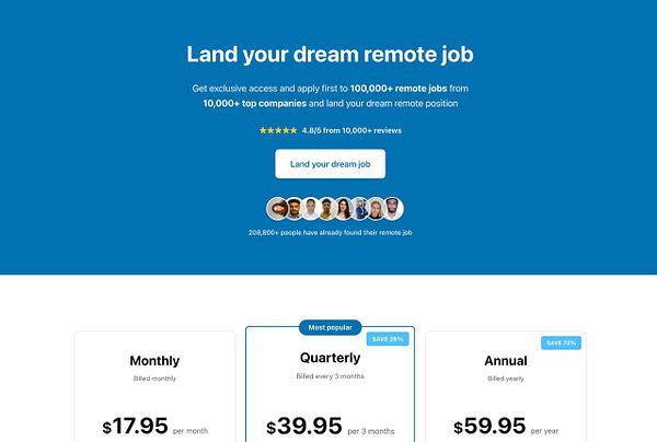 The image displays a promotional webpage for a remote job platform featuring subscription pricing options.