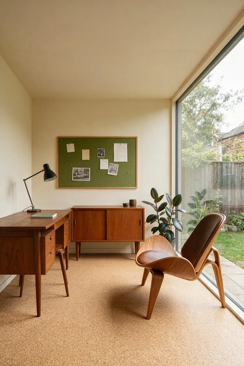 A compact mid-century modern room overlooking a backyard, furnished with a walnut desk, matching credenza, and a sculptural wooden lounge chair with brown leather upholstery. A green cork bulletin board hangs on the wall, and a large glass window brings in views of the garden and soft natural light.