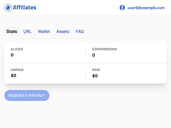 The image displays an affiliate dashboard interface showing statistics for a user.