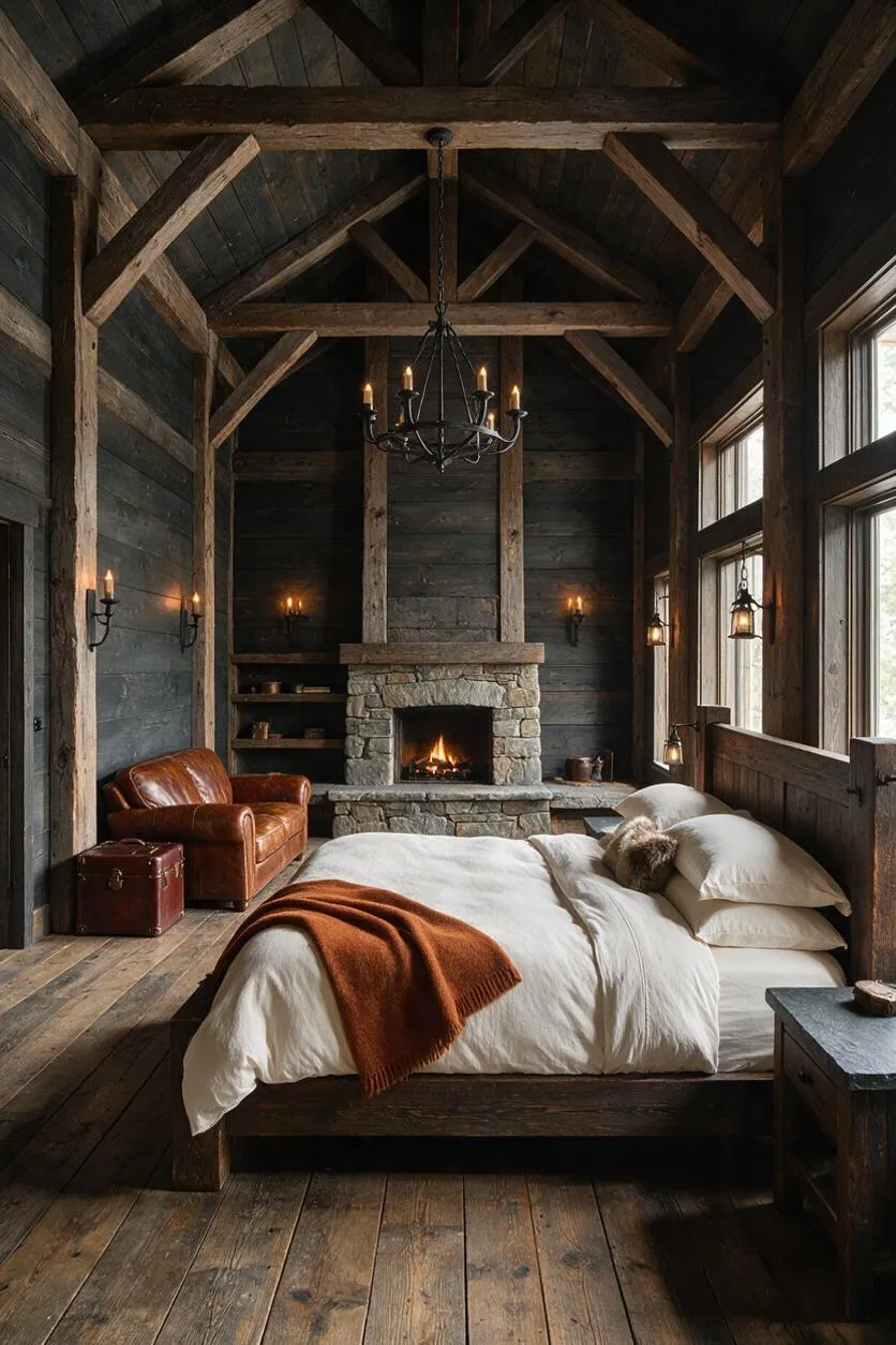 A rustic master bedroom with dark wood plank walls, exposed timber beams, and a vaulted ceiling centered around a stone fireplace. The room includes a wooden bed dressed in white bedding with a rust-colored throw, a leather chair, candle-style wall sconces, and large windows bringing in soft natural light.