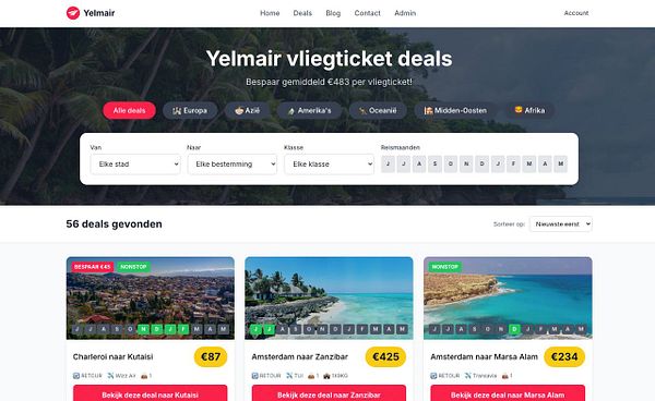 The image displays a flight deal search interface for Yelmair, showcasing various flight options and filters.