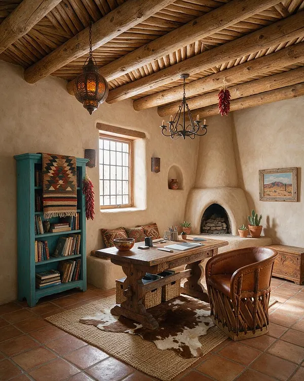 A Southwestern-style basement office or sitting room with thick log ceiling beams, warm adobe-plastered walls, and terracotta tile flooring. The space includes a carved wood desk, turquoise bookshelf, leather chair, arched fireplace, and layered rustic textiles for a cozy, earthy feel.