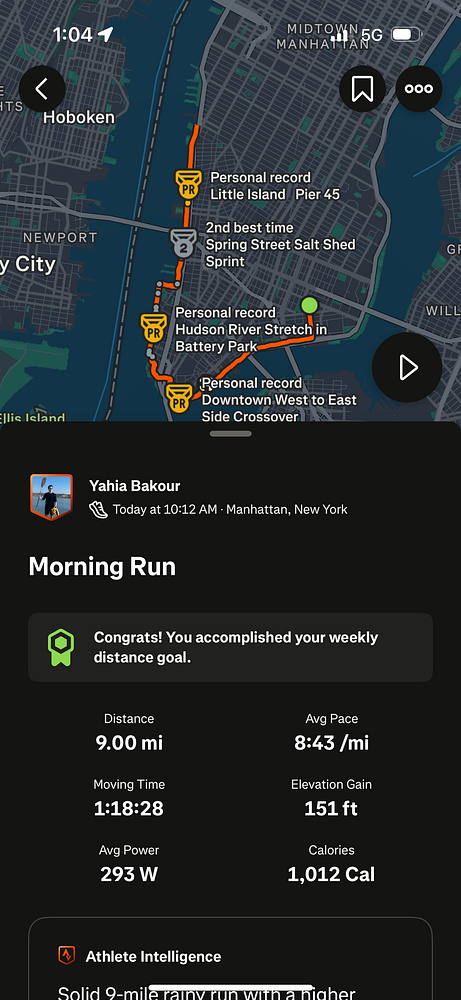 A fitness tracking app screenshot displaying details of a 9-mile run.