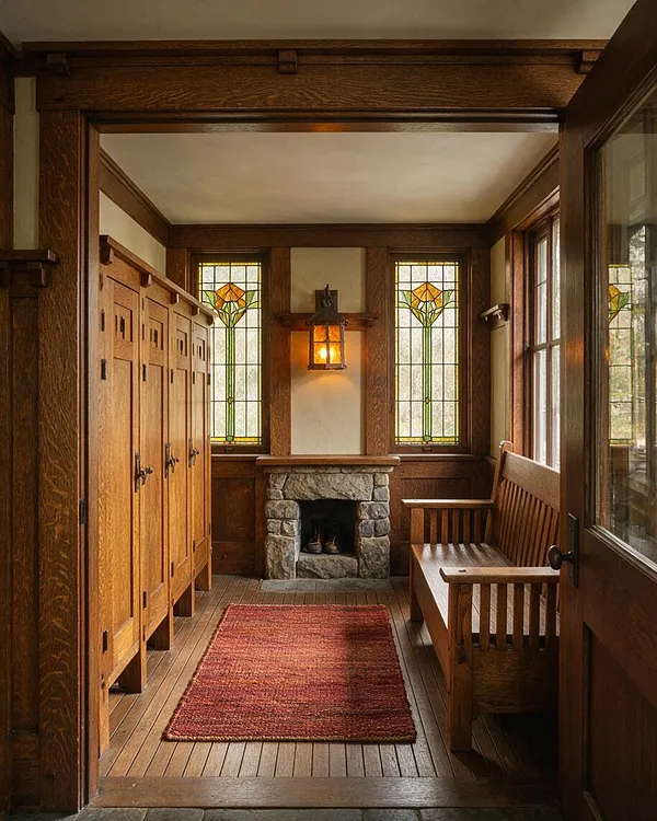A narrow Craftsman-style mudroom with built-in oak lockers on the left, a wooden bench on the right, and a small stone fireplace centered between two stained-glass windows. Dark wood trim, paneled walls, a red woven rug, and a lantern-style wall sconce create a warm, traditional atmosphere.