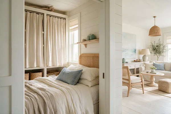 A bright coastal studio apartment with a small sleeping nook on the left and a relaxed living area on the right. The space features cream curtains, a woven cane bedhead, white shiplap walls, pale wood furniture, soft linen textiles, and natural woven accents with blue pillows and muted seaside decor.